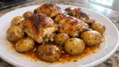 Frango dourado no forno com batatinhas: marinada de vinho branco e alho que nunca falha